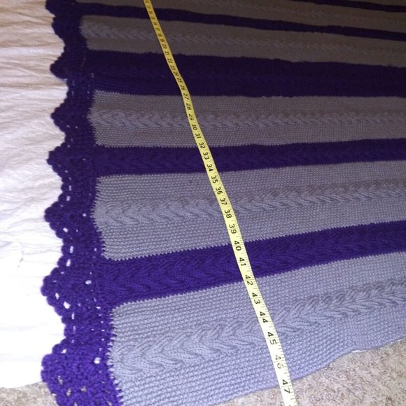 Granny Hand Knitted Afghan Purple and Grey Striped Crochet Winter Afghan Blanket - Picture 9 of 9